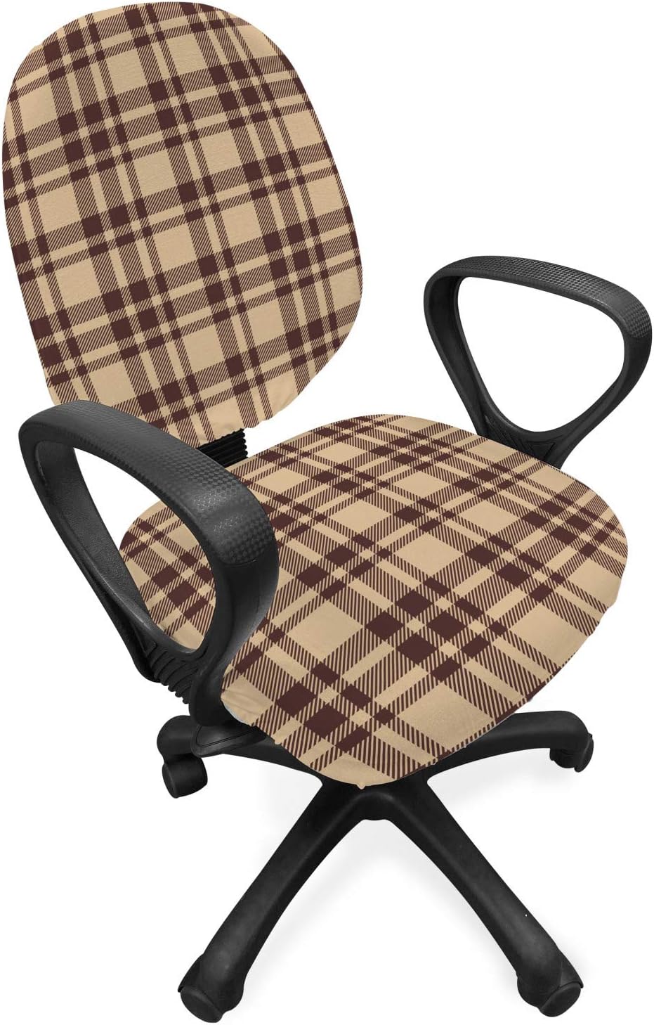 Ambesonne Tan and Brown Office Chair Slipcover, Old Fashioned Check Plaid Pattern Scottish Tartan Inspired Geometric Design, Protective Stretch Decorative Fabric Cover, Tan Brown