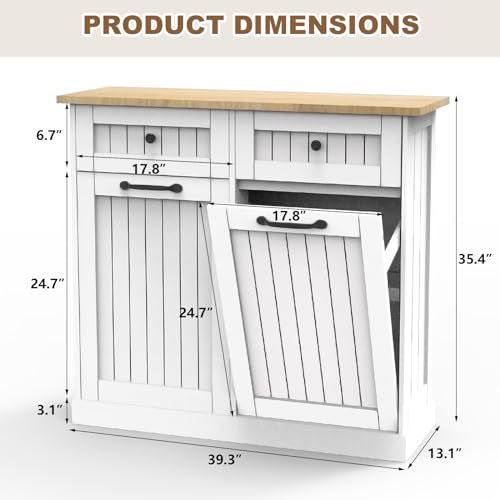 HTK Double Tilt Out Trash Cabinet – Farmhouse Hidden Trash Can Kitchen Cabinet, Space-Saving Design, Additional Storage, Fits 2x10 Gallon Bins, with Pull-Out Drawers (White)