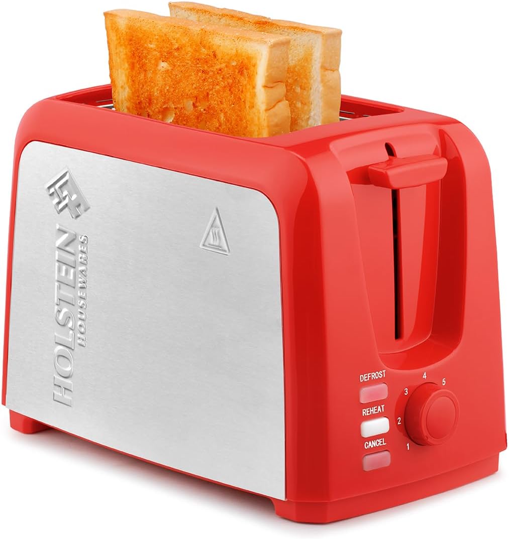 Holstein Housewares - 2-Slice Toaster with 7 Browning Control Settings, Red/Stainless Steel - Great to Toast Bread, Bagels and Waffles