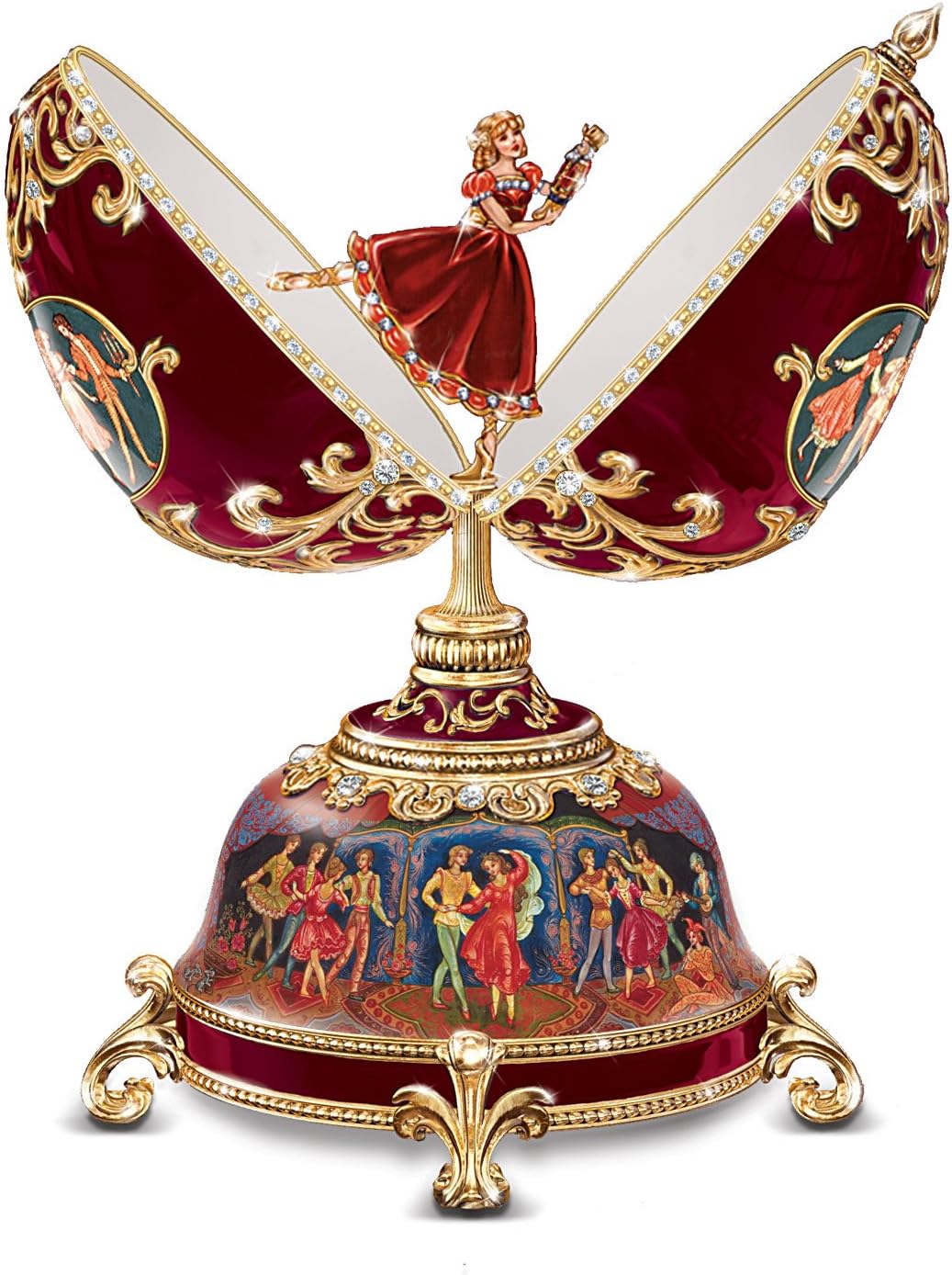 The Bradford Exchange Clara and The Nutcracker Musical Egg Christmas Decor Peter Carl Fabergé-Style with More Than 100 Hand Set Simulated Gems 22k Gold Scroll Made of Heirloom Porcelain® 6.25