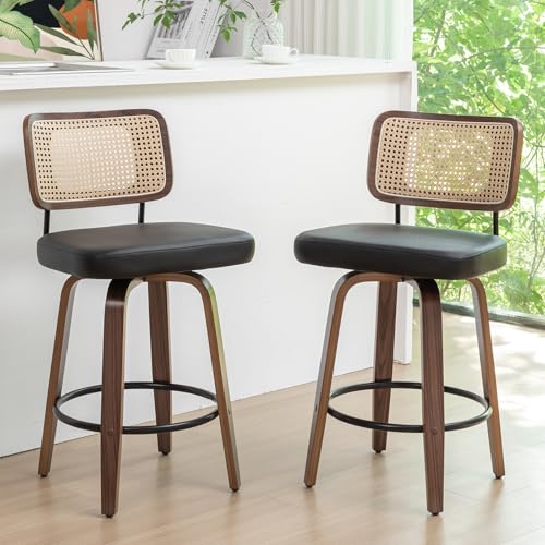 Set of 2 Swivel Rattan Counter Stools - 26 inch Mid Century Modern Bar Stools with Cane Back, Walnut Craftsmanship, Upholstered Seat, Walnut Counter Stools for Kitchen/Island/Counter (Walnut Brown)