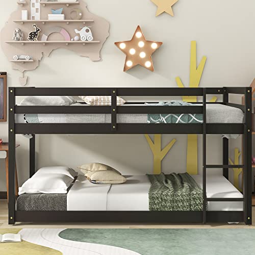 Solid Wood Twin Over Twin Floor Bunk Bed with Ladder Safety Guard Rails, Wooden Twin Bunk Beds for Teens/Adults, Pine Low Bed Frames Bedroom Furniture, Twin Bed Frame No Box Spring Needed, White