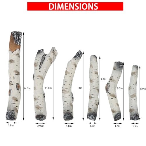 6Pcs Gas Fireplace Log Set，White Birch Ceramic Gas Logs for Gas Fireplace, Indoor Gas Inserts, Vented, Ethanol, Electric, Fire Pits Decor