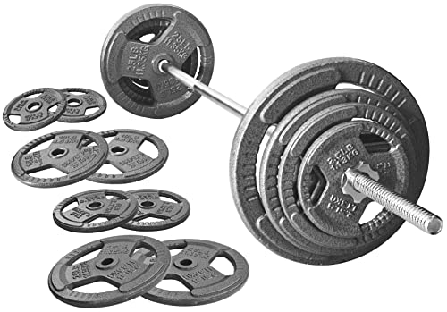 Signature Fitness Cast Iron Standard Weight Plates Including 5FT Standard Barbell with Star Locks, 95-Pound Set (85 Pounds Plates + 10 Pounds Barbell), Multiple Styles