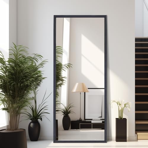 BOLEN 65”x22” Full Length Mirror with Wood Frame and Metal Holder, Large Rectangle Dressing Mirror Floor Mirror, HD and Explosion-Proof Silver Mirror, Standing Hanging or Leaning Wall(Black)