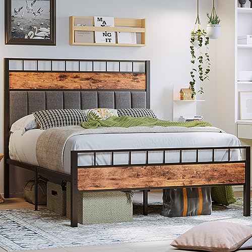 LIKIMIO Full Size Bed Frame with upholstered high headboard, Sturdy and No Noise Platform Bed, No Box Spring Needed, Easy Assembly, Vintage Brown