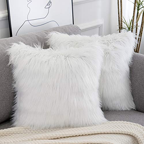 WLNUI Set of 2 Black Decorative Pillow Covers New Luxury Series Merino Style Faux Fur Fluffy Throw Pillow Covers Square Fuzzy Cushion Case 16x16 Inch