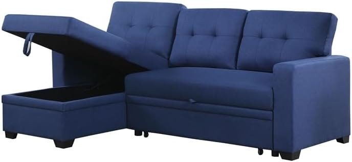 Devion Furniture Polyester Fabric Reversible Sleeper Sectional Sofa-Blue