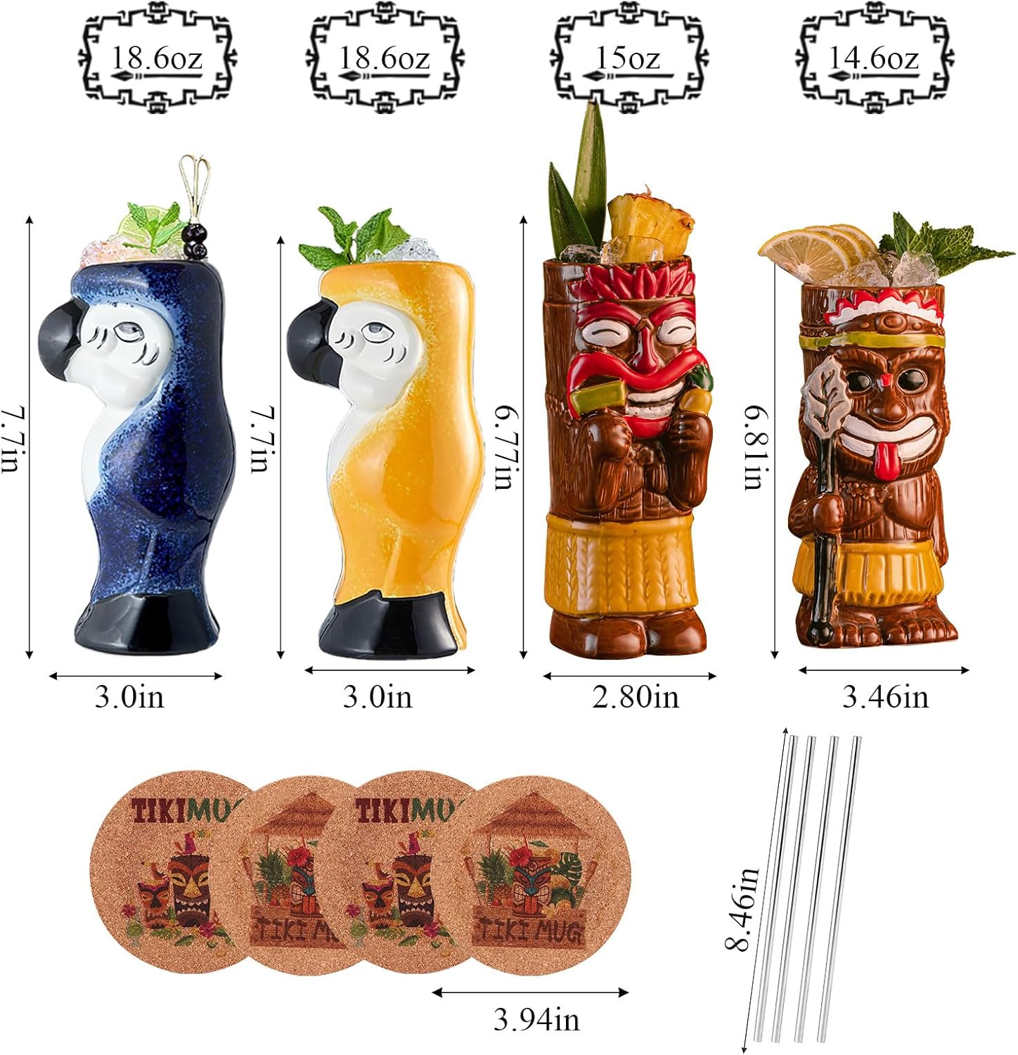 Tiki Mugs for Cocktail Set of 4 - Ceramic Tiki Cups,Tiki Glasses Cute Exotic Cocktail Glasses, For Hawaiian Party and Tiki Bar