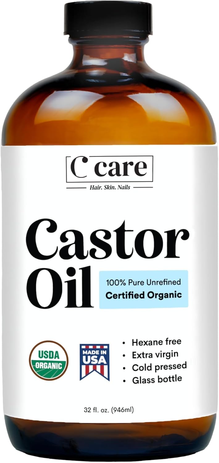 C CARE 100% Pure, Organic Castor Oil, Cold Pressed, Hexane Free. for Hair Growth Eyelashes, Eyebrows, Skin, Nail & Castor Oil Pack Wraps - 12oz