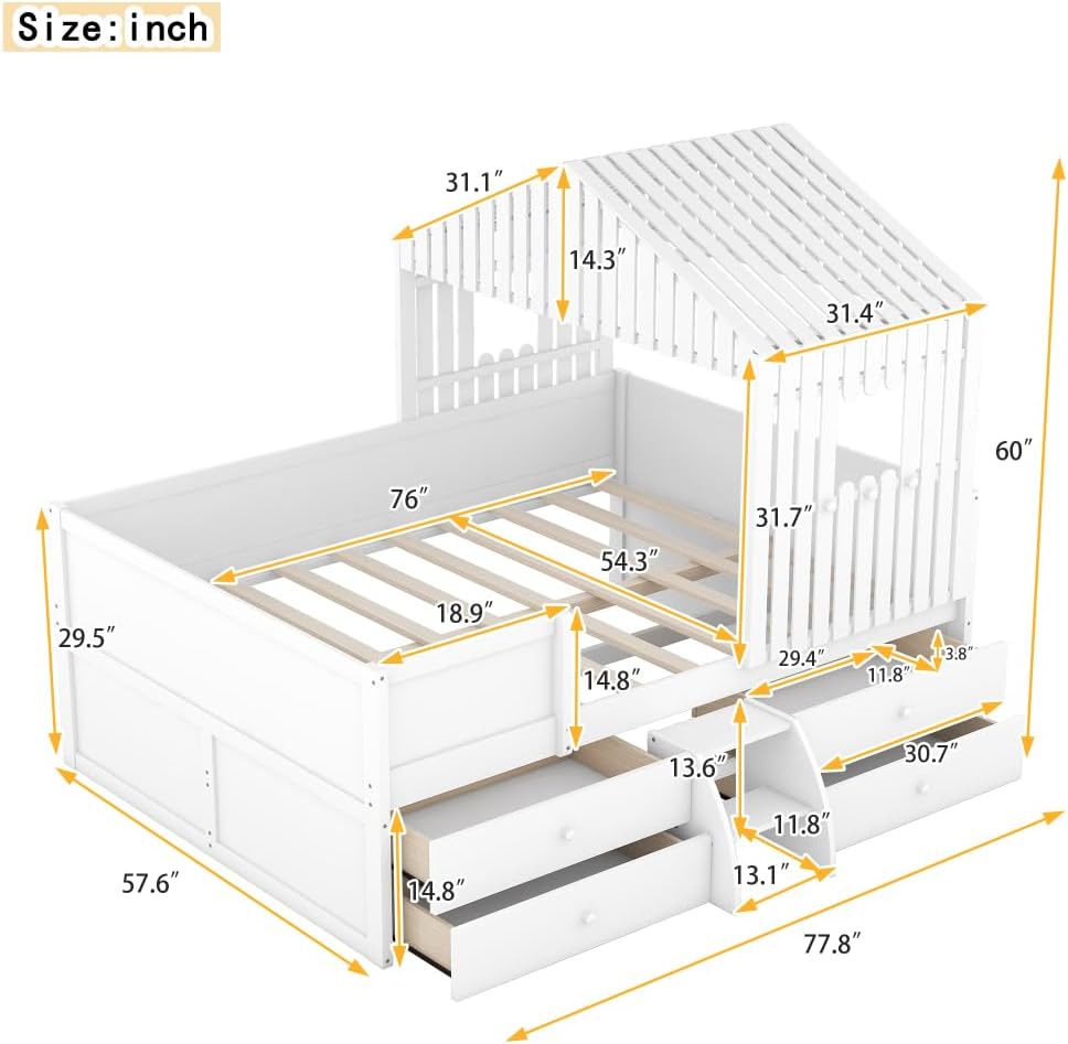 Full Size House Low Loft Bed with Four Drawers,White 2-Numbers of Package Pine+MDF 350Lb 10pcs 77.8