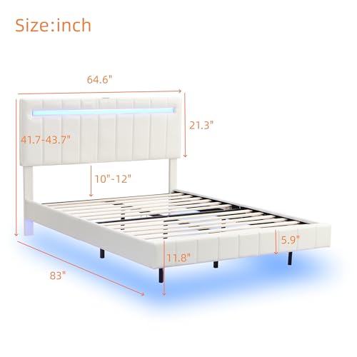 Queen Size Floating Bed with LED Lights and USB Charging, Modern Upholstered Platform LED Bed Frame with Wood Slat Support, No Box Spring Needed (Black-035)