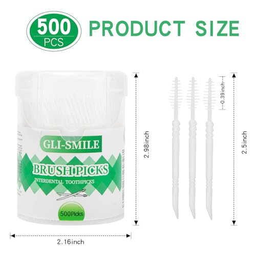 BrushPicks Interdental Toothpicks, Soft Interdental Brushes and Dental Floss Picks 2-in-1, Teeth Plaque Remover 500 Toothpicks, 1 Pack