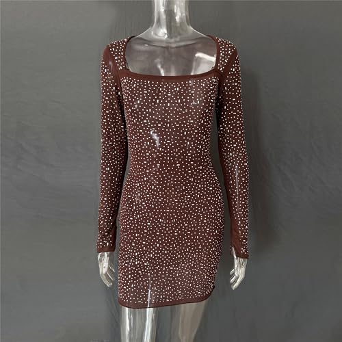 Women Long Sleeve Sequin Short Dress Sparkly Glitter Square Neck See Through Dress Sexy Party Club Cocktail Mini Dresses
