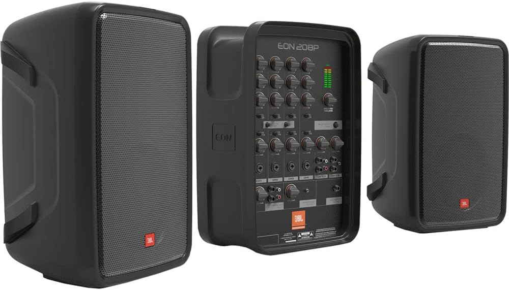 JBL Professional EON208P Portable All-in-One 2-Way PA System Bundle with Auray SS-47S-PB Speaker Stand with Tripod Base and Carrying Case, and 2X 20 XLR-XLR Cables