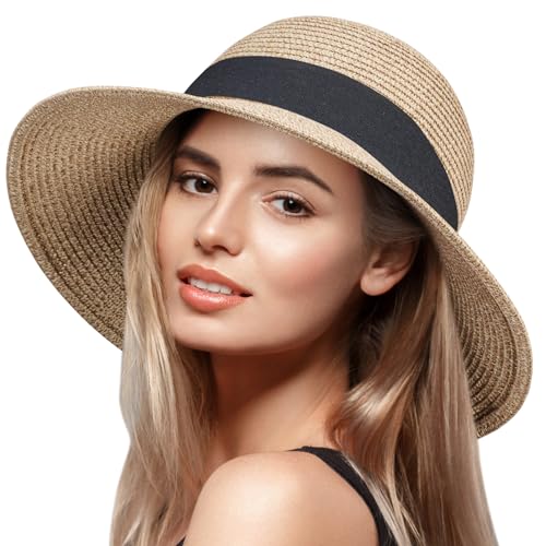 VIFUUR Womens Straw Hats Wide Brim Summer Visor Beach Sun Hat Packable UPF UV Foldable Travel