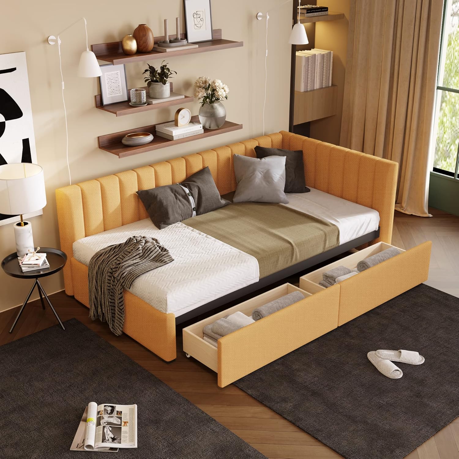 Twin Size Upholstered Daybed with 2 Storage Drawers,YellowSolid Wood Sofa Bed Frame W/Linen Fabric Backrest,No Box Spring Needed,for Living Room Bedroom Apartment,