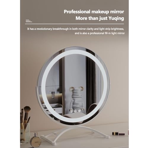New Rotating Large Round Mirror, Desktop LED Smart Makeup Mirror Dressing Fill-in Light Makeup Mirror with Light for Makeup Desk, Bedroom, Dressing Room, 50cm,White