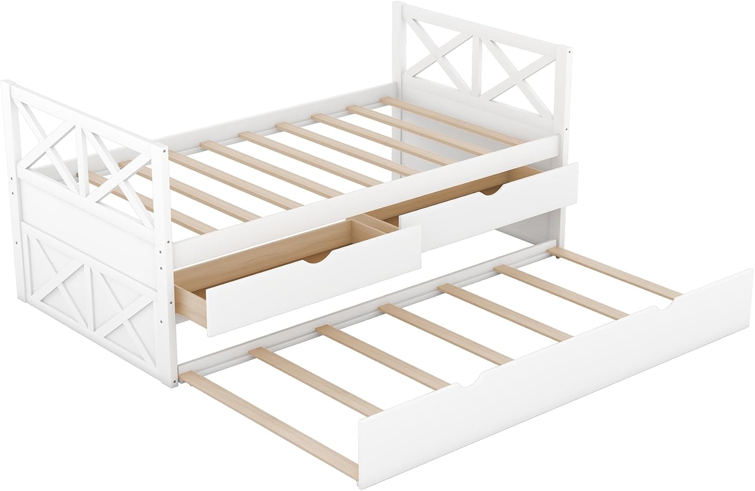 Twin Platform Bed,Multifunctional Wood Storage DayBed Sofa Bed Frame with Trundle and Two Drawers,Twin Size Trundle Bed for Living Room Bedroom,White