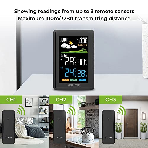 BALDR Home Wireless Indoor Outdoor Weather Station Thermometer - Color LCD Display Weather Forecast with Outdoor Sensor, Clock, Digital Calendar - Indoor Thermometer, Home Weather Station - Black