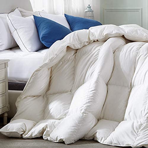 Royoliving Premium Goose Feathers Down Comforter California King Size All Season Medium Warmth Solid White 100% Cotton Cover Down Proof Duvet Insert with Corner Tabs (67Oz, 108''x98'')