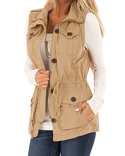 Koodred Women's Casual Military Utility Vest Lightweight Sleeveless Drawstring Jackets with Pockets