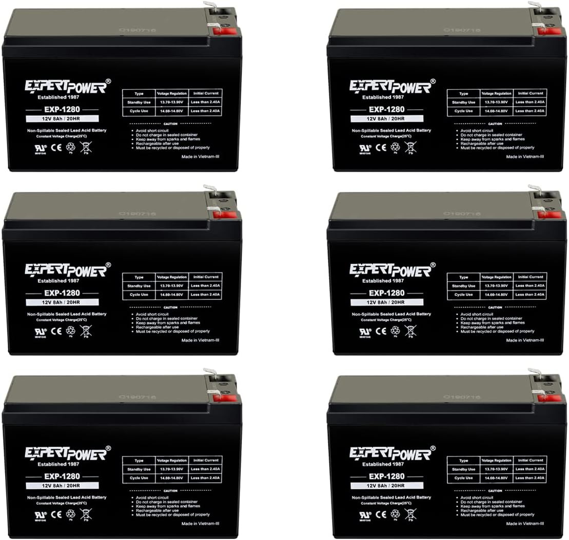 ExpertPower 12V 8AH Sealed Lead Acid (SLA) Battery Replacement for APC Back-UPS ES 550VA Back-UPS Pro 1300/1500 Liftmaster CSL-24VDC Slider Gate Opene - F2 Terminals- 6 Pack