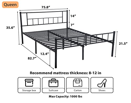 King Metal Bed Frames with Headboard, Metal Platform Bed Frame King Noise-Free, Farmhouse Bed Frame No Box Spring Needed, Single Bed Frames Easy Assembly,King