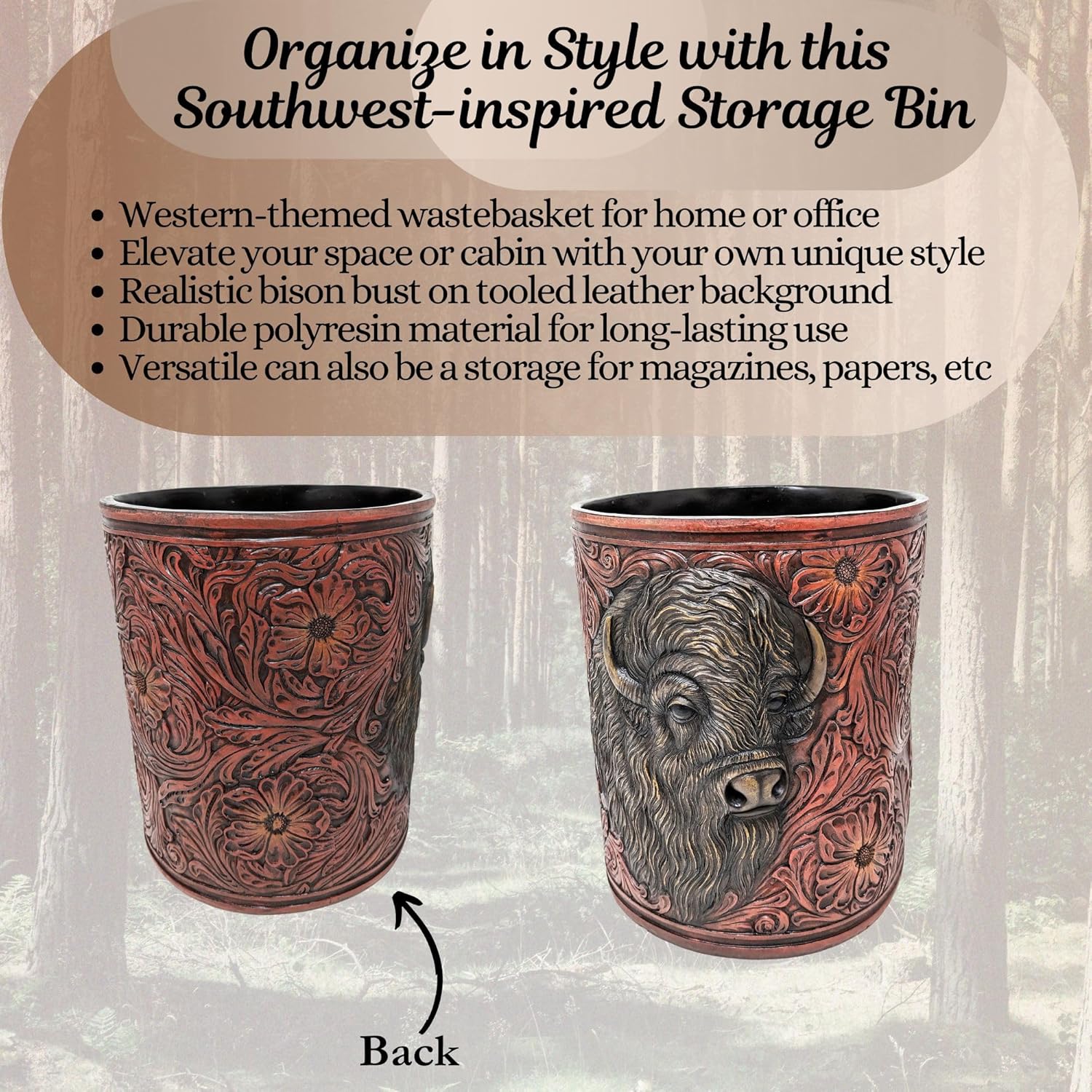 BestGiftEver Western Bison Bust Trash Can | Rustic Tooled Leather-Look | Bathroom, Bedroom, Office | Southwest Decorative Wastebasket