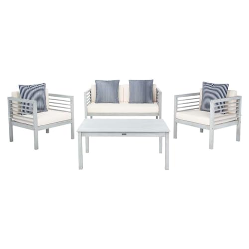 SAFAVIEH Outdoor Collection Alda Natural/ Navy Cushions/ Geometric Pattern Pillows 4-Piece Conversation Patio Set