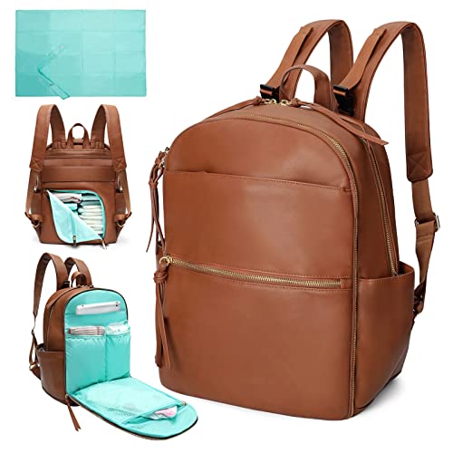 MOMINSIDE Diaper Bag Backpack with 6 Insulated Pockets, Leather Baby Bag for Mom Dad, Baby Registry, 18 Pockets, Changing Pad, Stroller Straps, Wet Dry Bag (Brown)