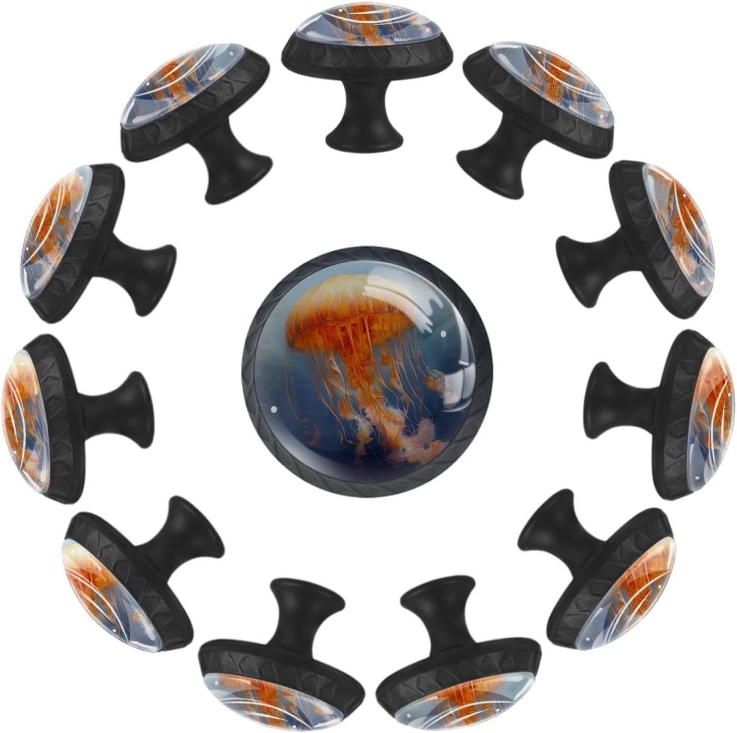 Blue Ocean Yellow Jellyfish Artistic Crystal Glass Cabinet Drawer Knobs, Set of 12 Clear Round Pull Handles for Furniture, 1.37x1.10x0.66 in/35x28x17mm, 12hwyls-002-2