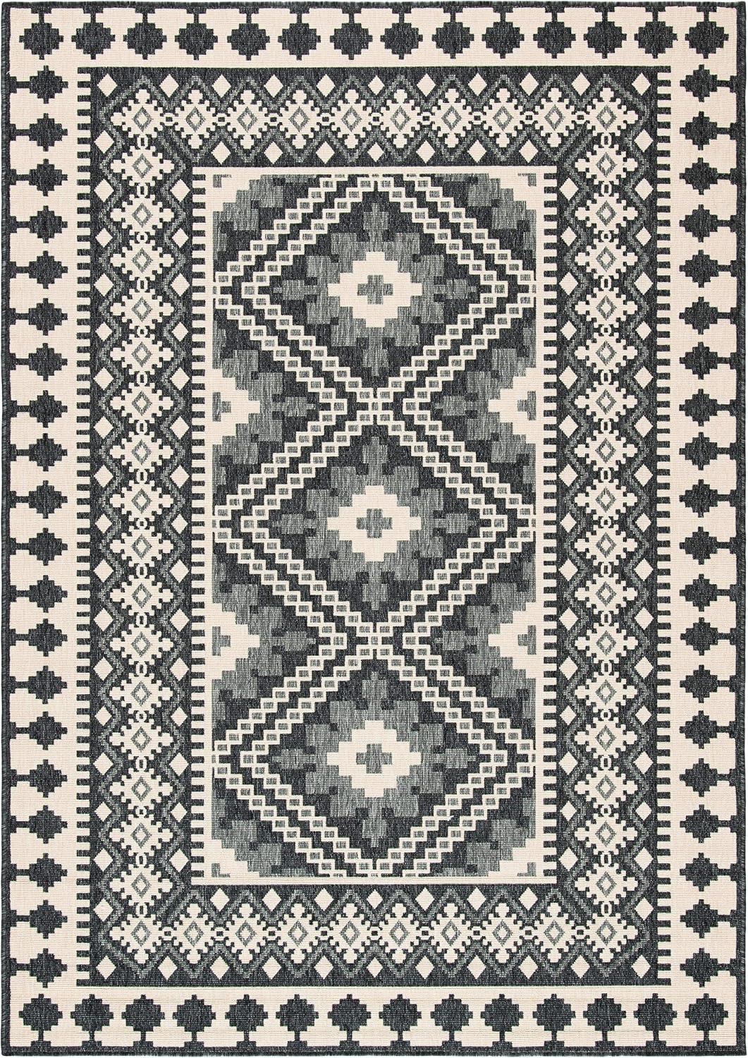 SAFAVIEH Veranda Collection 3' Square Ivory/Grey VER099 Boho Indoor/ Outdoor Non-Shedding Easy--Cleaning Patio Backyard Porch Deck Mudroom Accent--Rug