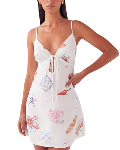 Women Y2K Cute Mini Dress Fruit Print Spaghetti Strap Short Dress Graffiti Cami Dress Sleeveelss Backless Bodycon Sun Dress