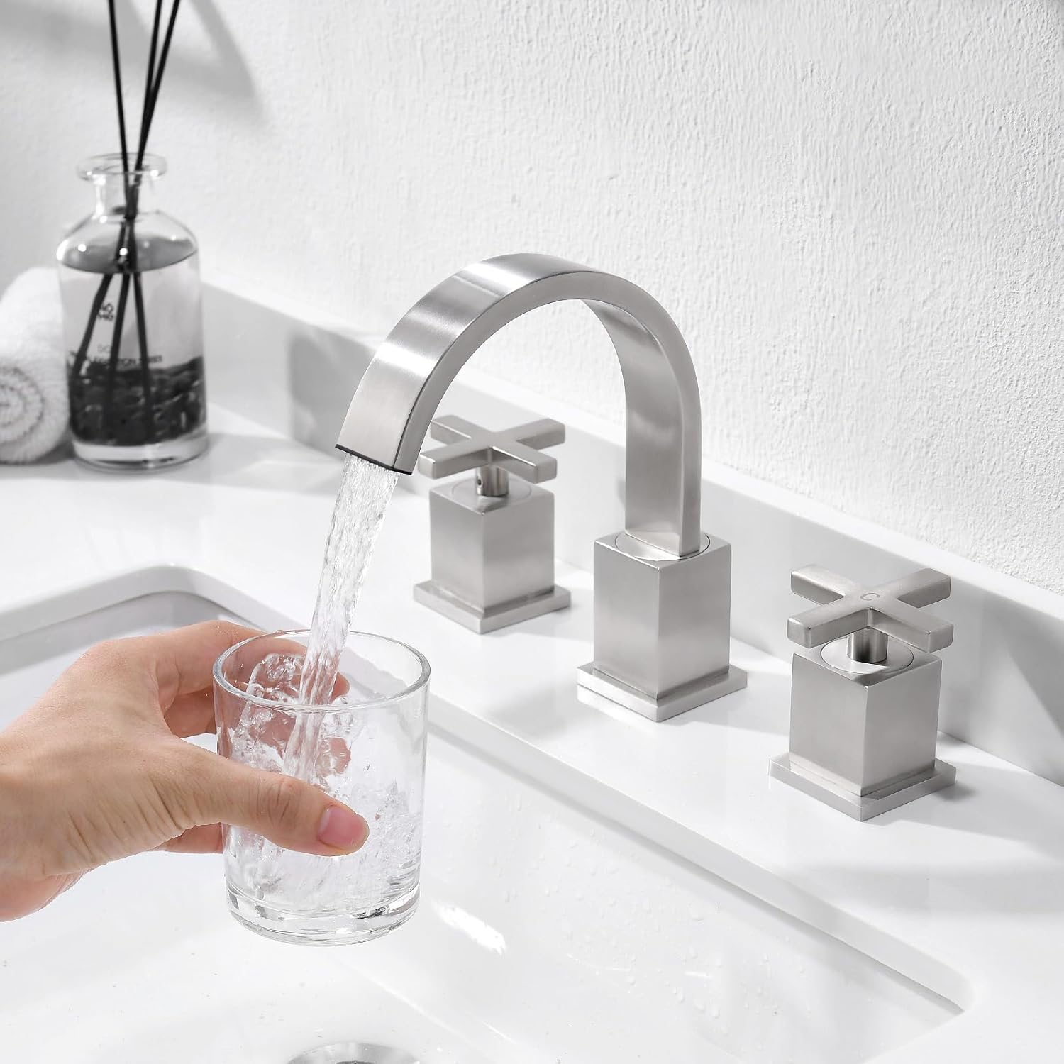 Phiestina Brushed Nickel Waterfall Bathroom Faucet, Widespread 3 Hole 8 Inch Modern Sink Faucet, with 360 Degree Swivel Spout, Pop Up Drain and Water Supply Lines, WF001-10-BN