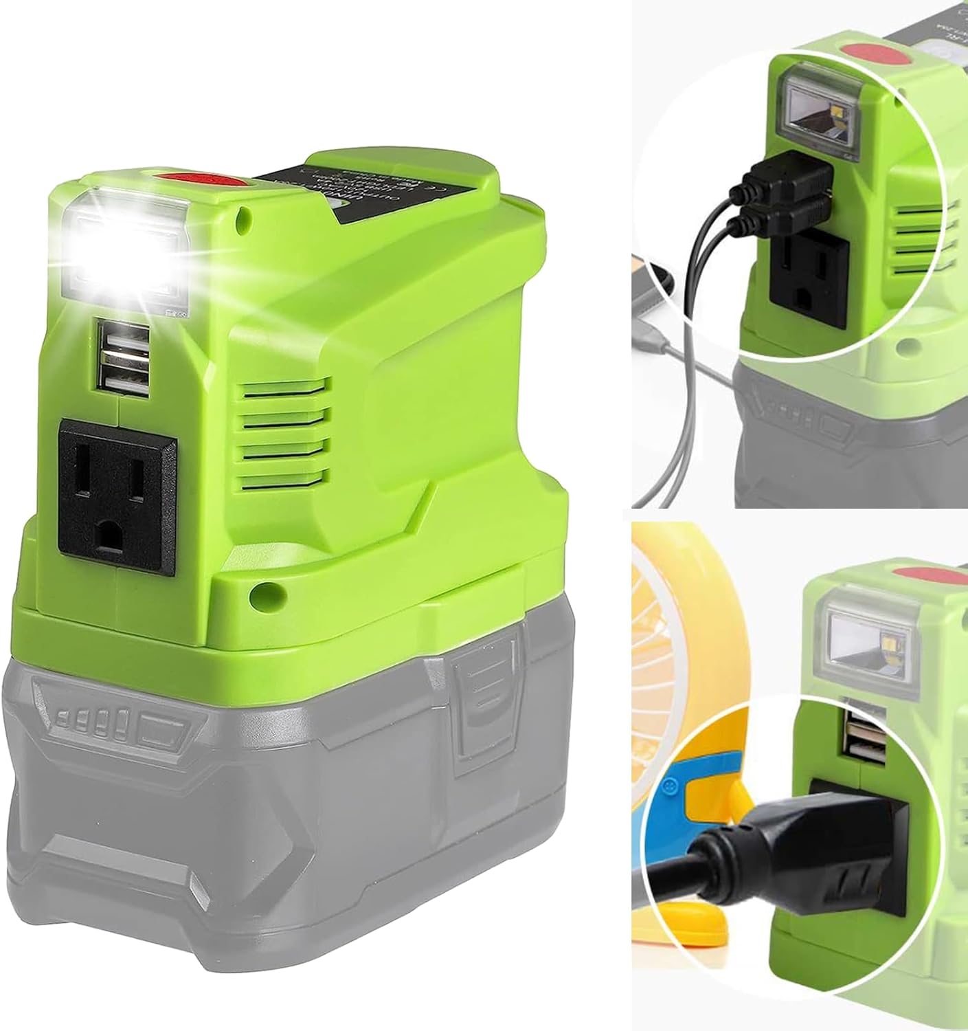 150W USB Phone Charger Adapter for Ryobi 18V Battery, URUN DC 18V to AC 120V Inverter Generator, 120V Power Source Adapter for Ryobi with Dual USB & LED Light & AC Outlet(No Battery)