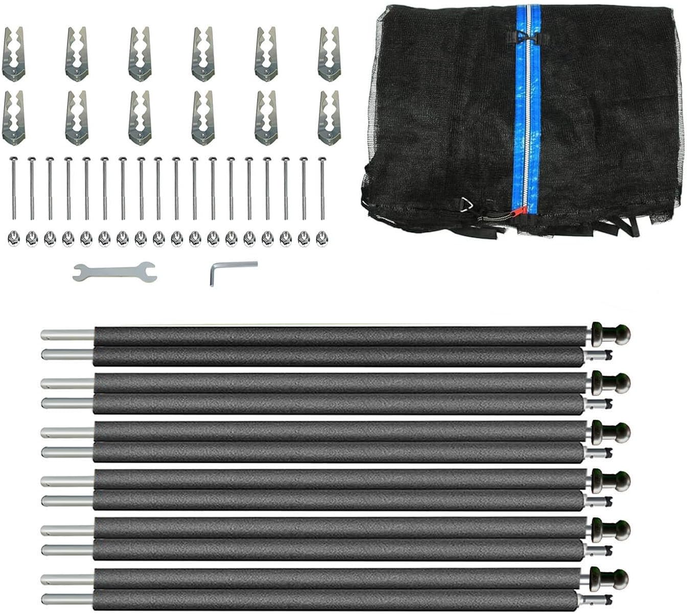 14FT Trampoline Enclosure Net with Trampoline Poles, Replacement Poles with Clamp and Hardware, Enclosure Pole Connecters, Screws and Bolts, Pole Caps Fits Most Straight Poles Trampoline Frame