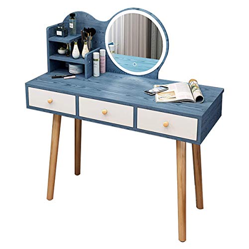 Vanity Table Set with LED Light HD Mirror and 3 Large Drawers Mini Makeup Dressing Table for Apartment Bedroom Dressing Desk Furniture Blue 80CM