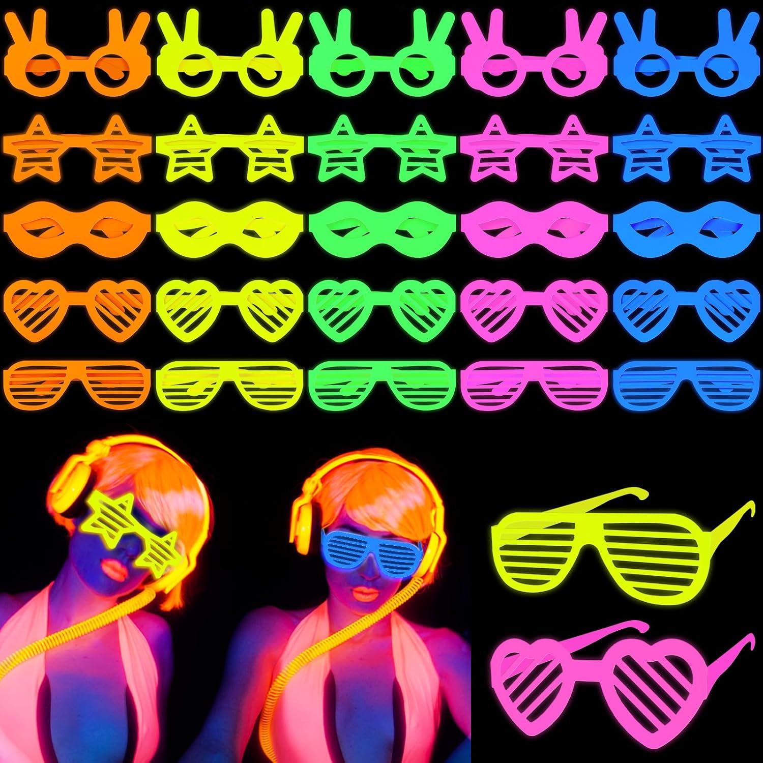 Hungdao 25 Pcs UV Neon Glasses Neon Glow Party Glasses, 5 Color Black Light Paper Glasses Glow in the Dark for Birthday Decorations Neon Party Supplies Adult Halloween Christmas Wedding