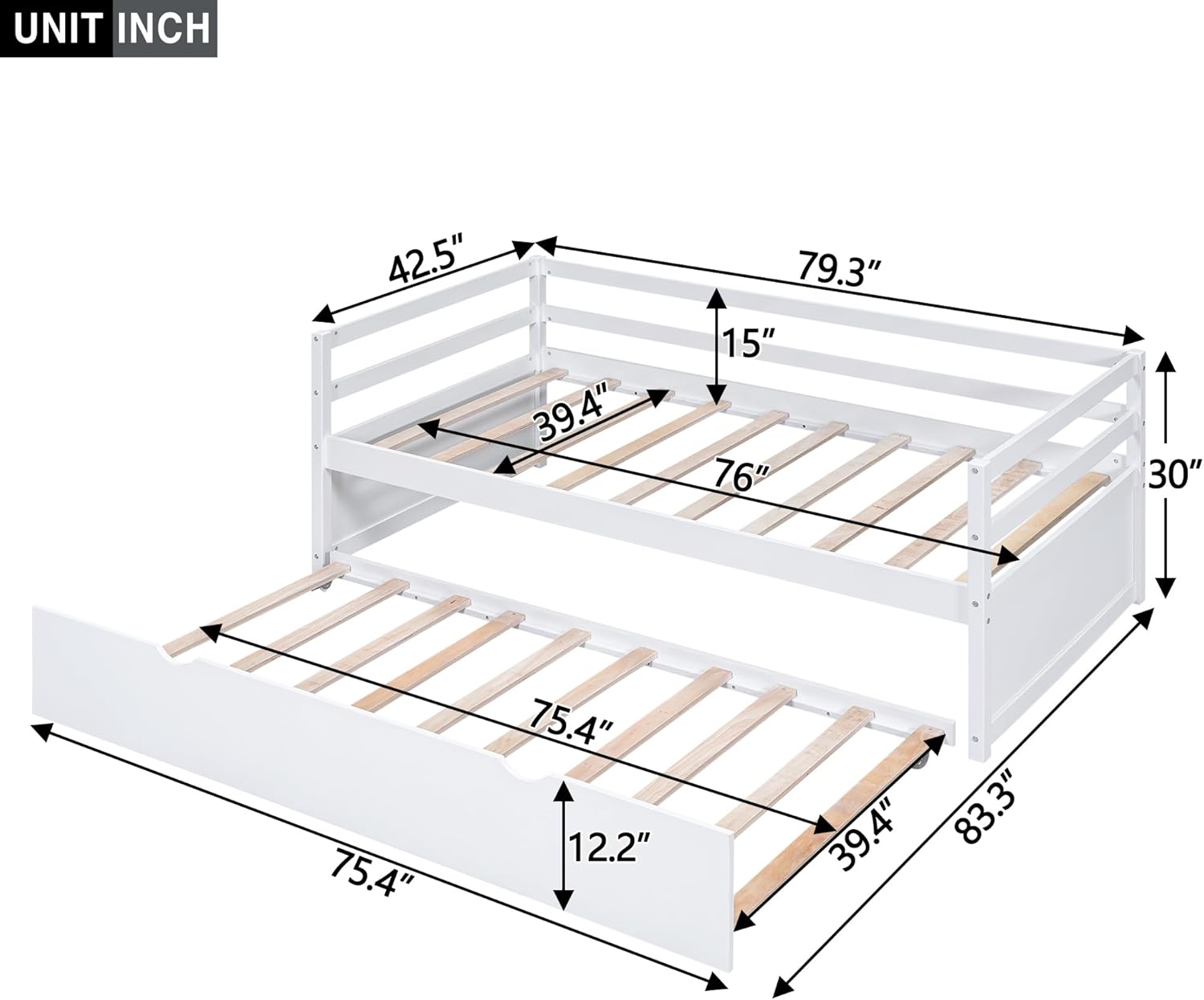 Bellemave Twin Bed with Trundle, Twin Daybed with Trundle, Twin Bed Frames for Kids, Adults, Sofa Bed Frame, White