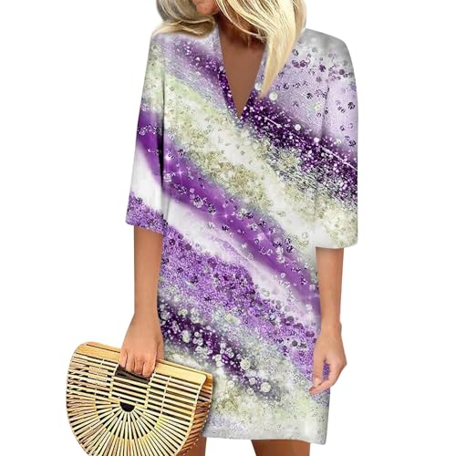 COTECRAM Women Boho Summer Dress 2024 Trendy Vacation 3/4 Sleeve V Neck Beach Dresses Loose Floral Sundresses T Shirt Dress