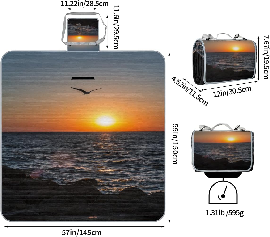 Picnic Blankets 57”x 59”, Ocean Seagulls Sunset Beach Waterproof Sandproof Picnic Mat Lightweight Foldable Beach Blanket for Camping Park Grass Beach Outdoor Blanket