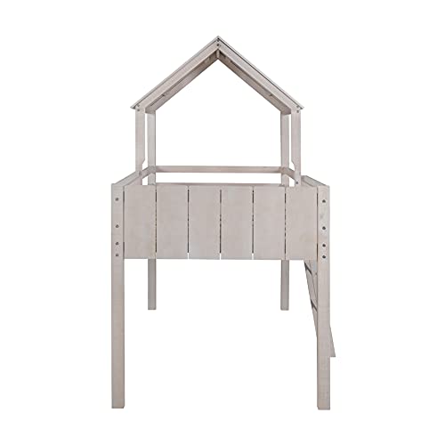 Twin Low Loft Bed with Ladder and Under-Bed Large Space, Pinewood House-Shaped Bed Frame with Roof and Fence-Shaped Guardrails, Bedroom Furniture (Wash Gray)