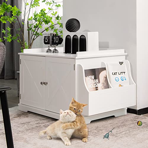 Tangkula Cat Litter Box Enclosure, Wooden Cat House Side Table w/Removable Divider, Reversible Entrance, Magazine Rack, Large Nightstand Pet House, Hidden Cat Washroom, Litter Box Furniture (White)