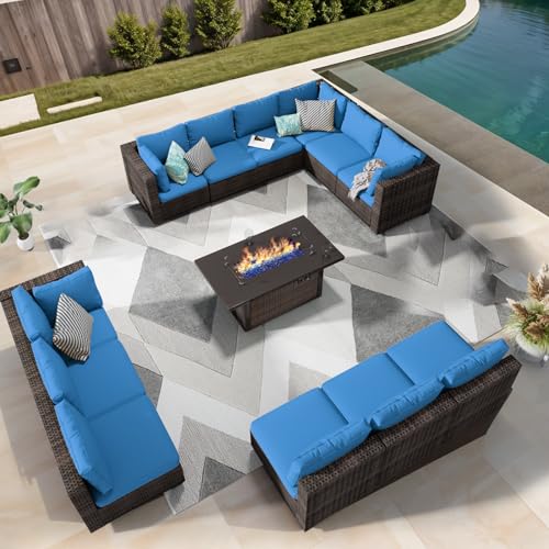 13 Pieces Outdoor Sectional Patio Furniture Set with Fire Pit Table PE Rattan Wicker Patio Sectional Conversation Set with Cushions Black