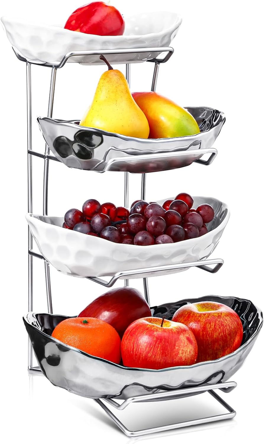 4 Tier Fruit Bowl for Kitchen Counter Ceramic Fruit Basket with Serving Bowls Metal Stand Tiered Fruit Rack for Entertaining Fruit Vegetable Storage Cake Dessert Snack Nuts