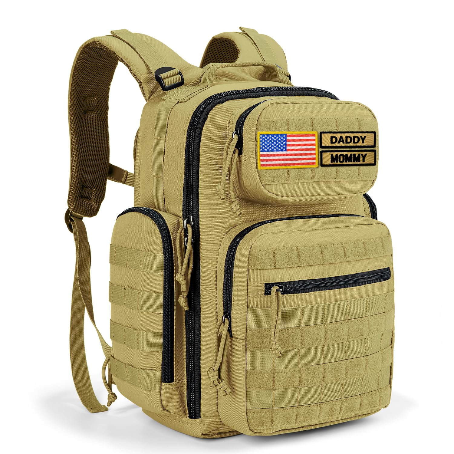 MIRACOL Military Diaper Bag with Changing Pad - Insulated Baby Backpack with Patches for Outdoor Travel Trips - Daddy Diaper Backpack Tan with Waterproof Baby Changing Station for Baby Shower Gifts