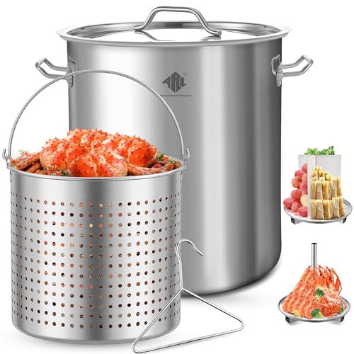 ARC 64-QT Large Stainless Steel Stockpot for Seafood Boiler Crawfish Pot w/Basket and Steamer Rack, Outdoor Cooking Pot for Crab Lobster Shrimp Boiling, and Tamales Steamer,16 Gal