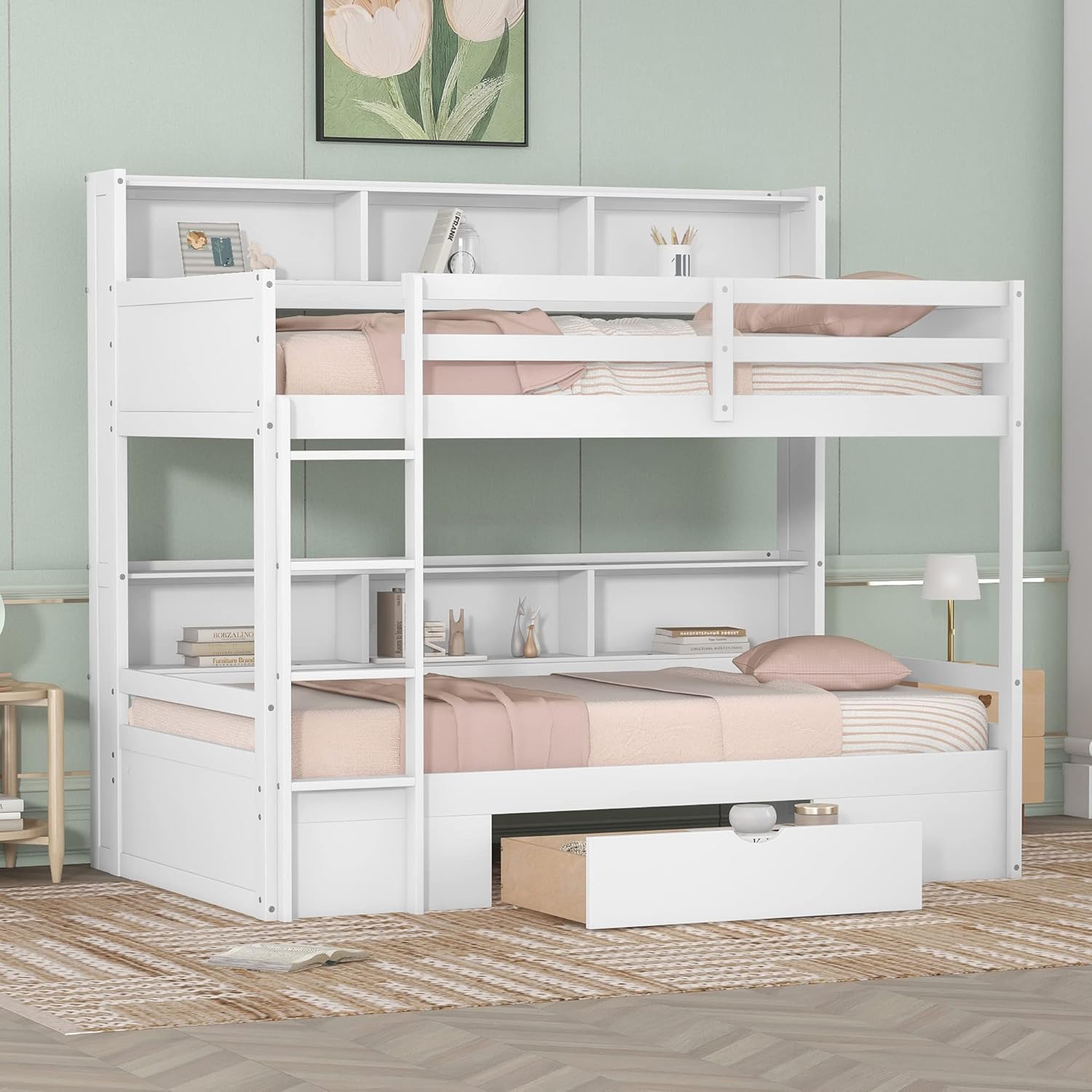Twin Size Upper and Lower Bunk Bed with Built-in Shelves with Storage Drawer,White
