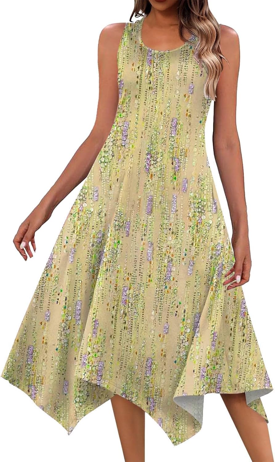 Women's Casual Summer Dress Sleeveless Hankerchief Hem Midi Tank Dresses Beach Flowy Boho Sundress with Pockets